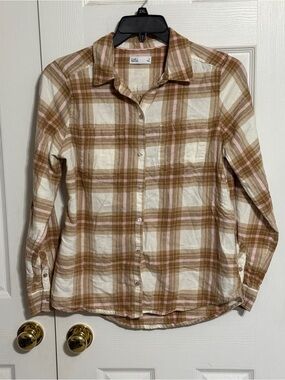 croft & barrow Plaid Shirt in Brown, Cream & Pink Trim